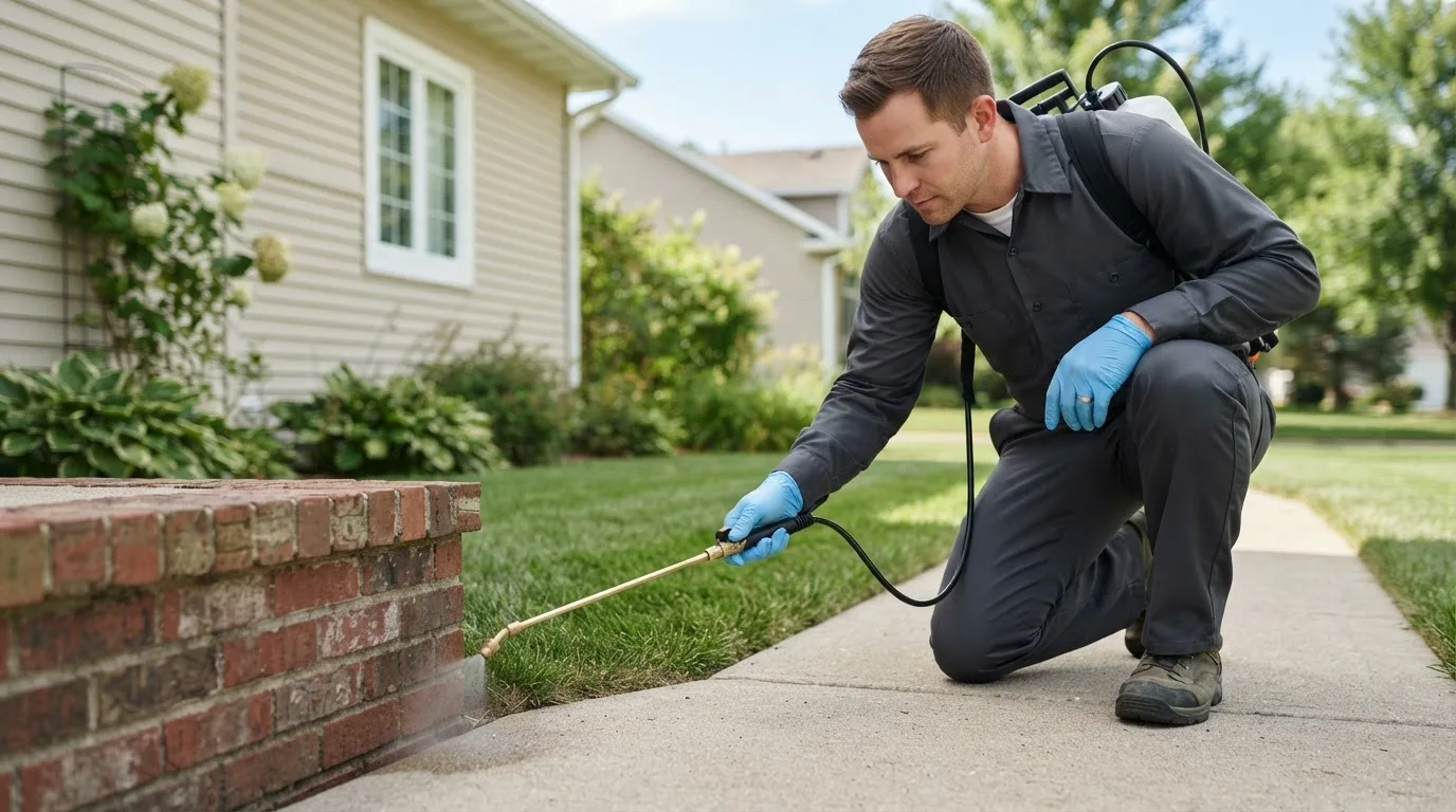 Pest control technician treating a home near Toledo, IA