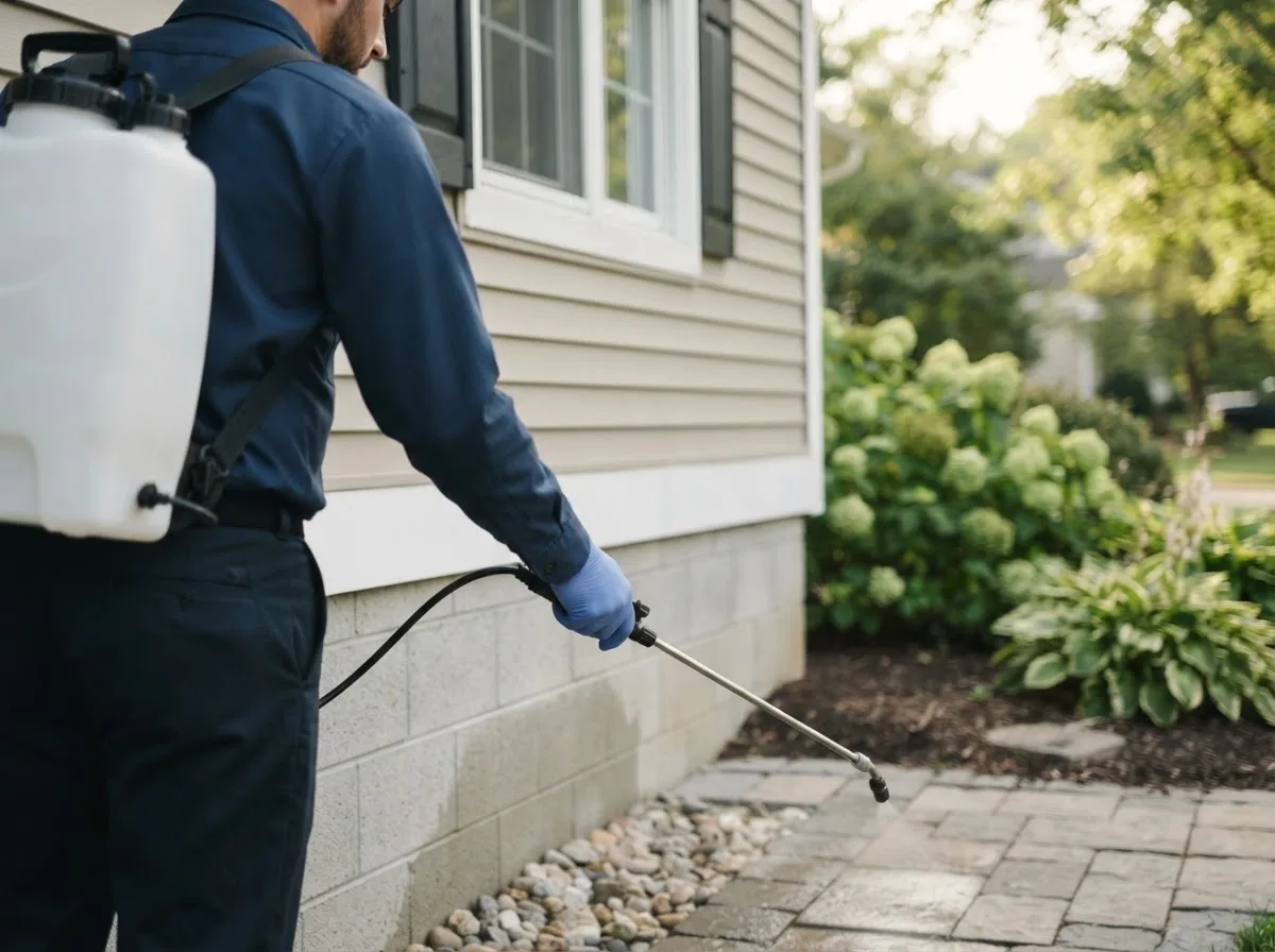 Pest control technician inspecting a home in Toledo, IA